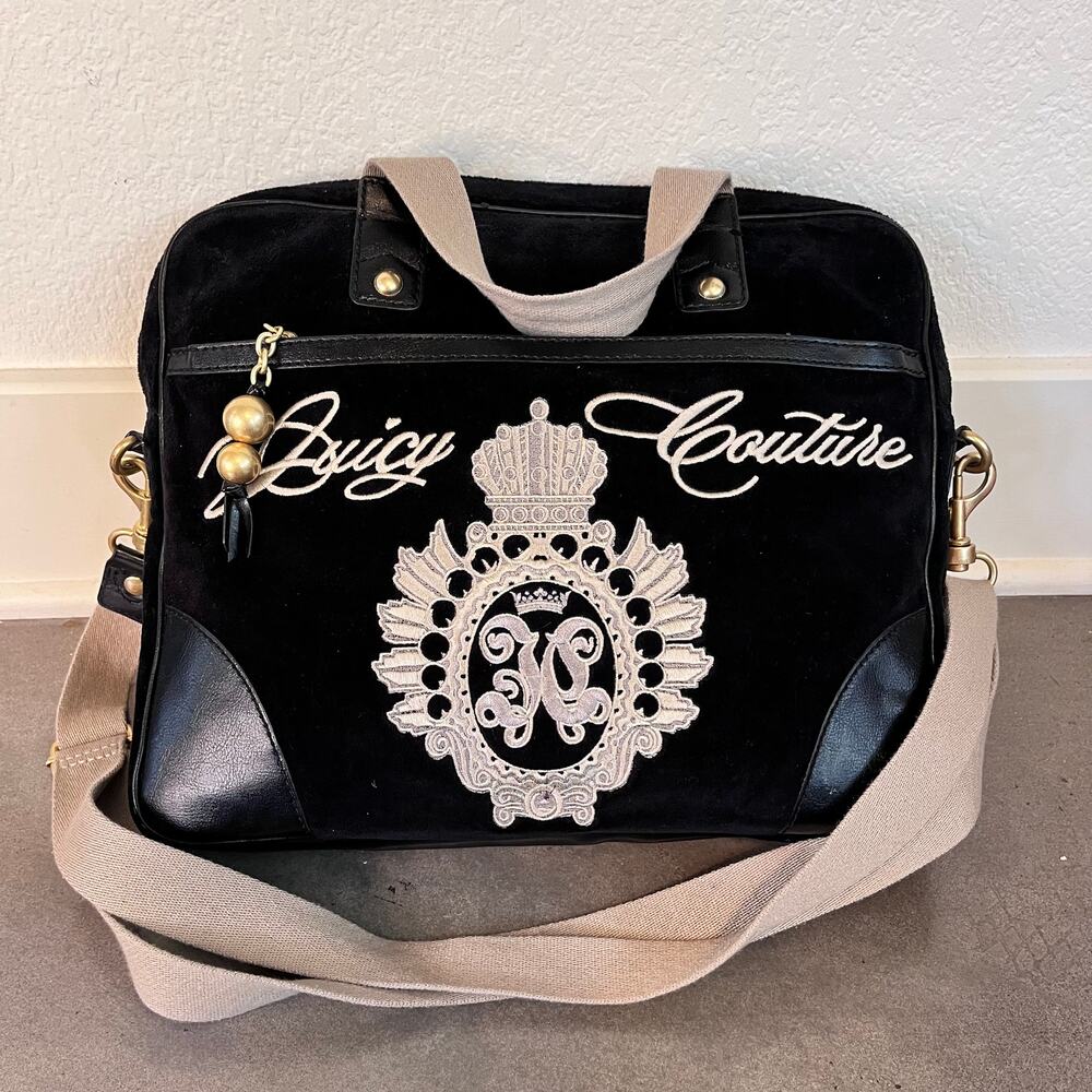 Juicy Couture Black velvet beige detail strap computer laptop messenger bag